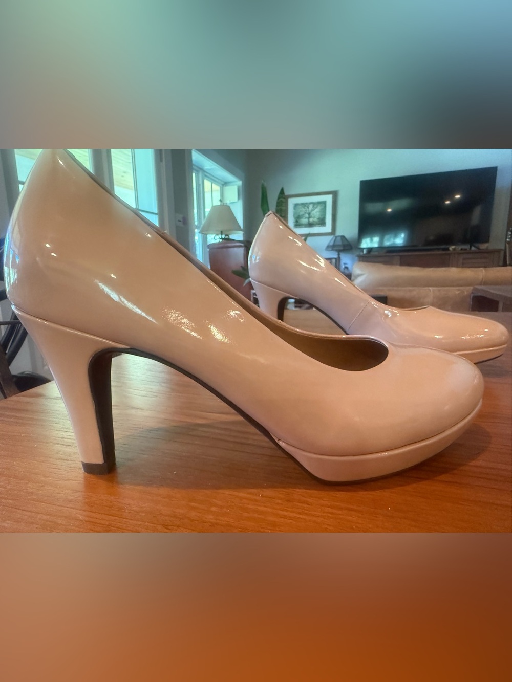 Clarks Patent Platform Pumps in Nude